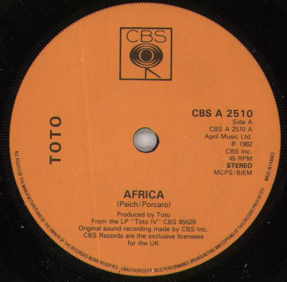 Toto Africa - Solid French 7" vinyl single (7 inch record / 45) CBSA2510