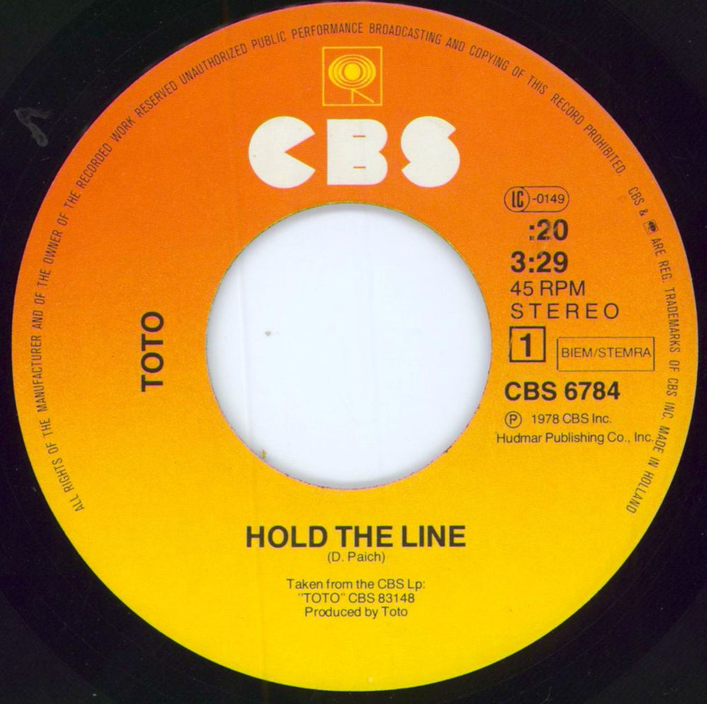 Toto Hold The Line Dutch 7" vinyl single (7 inch record / 45) TOT07HO798707