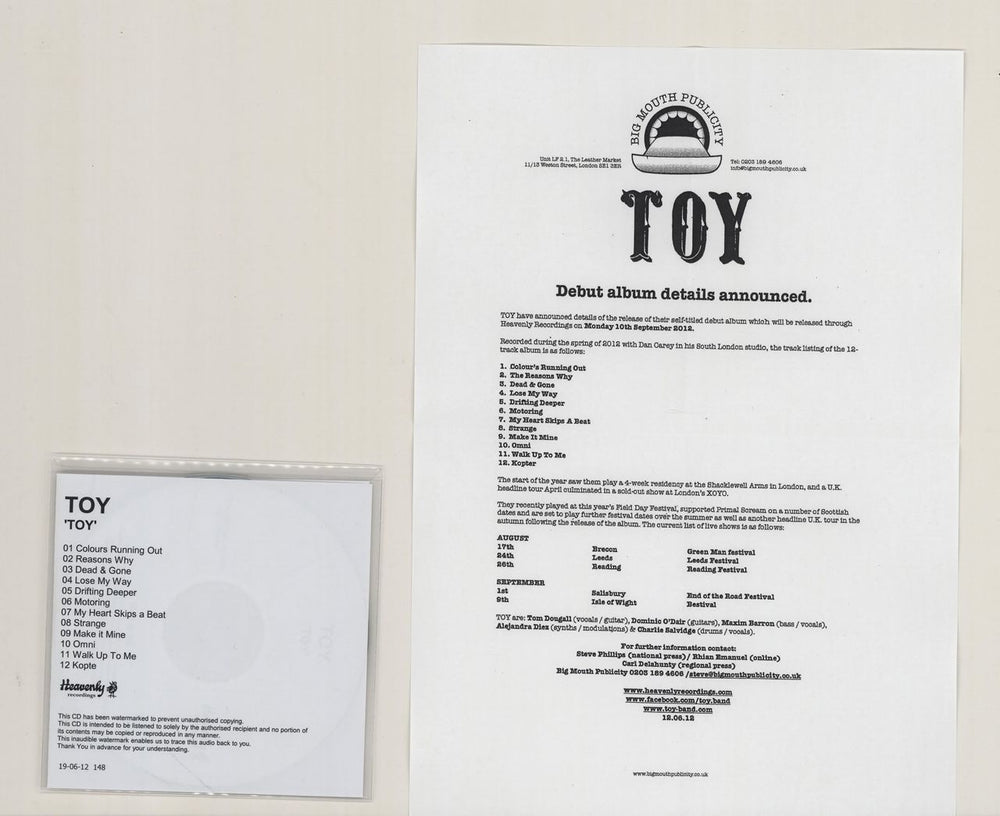 Toy Toy + PR UK Promo CD-R acetate CD-R