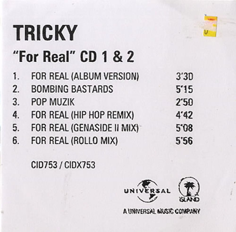 Tricky For Real UK Promo CD-R acetate CDR