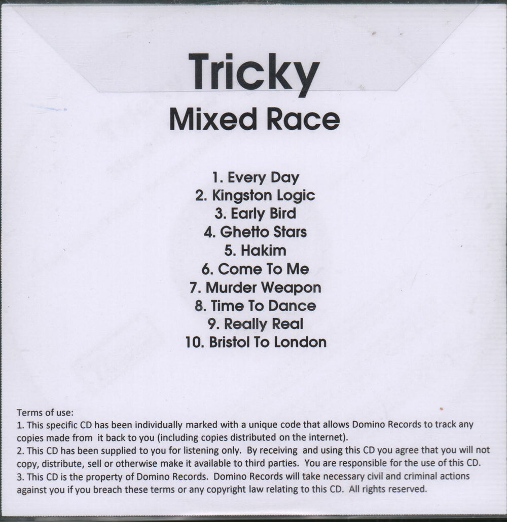 Tricky Mixed Race UK Promo CD-R acetate CD-R