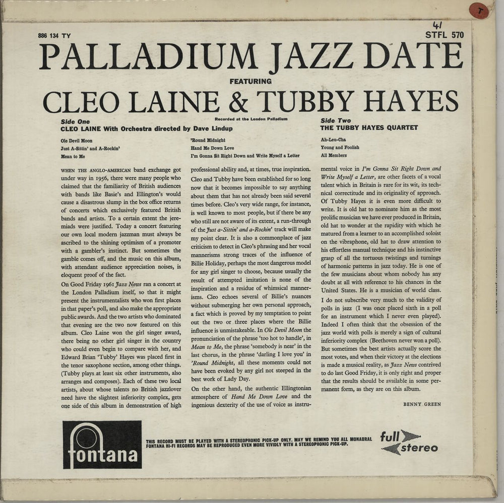 Tubby Hayes Palladium Jazz Date UK vinyl LP album (LP record) TH-LPPA449957