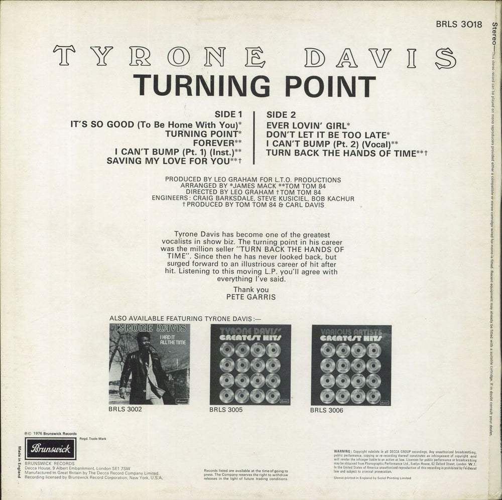 Tyrone Davis Turning Point UK vinyl LP album (LP record)