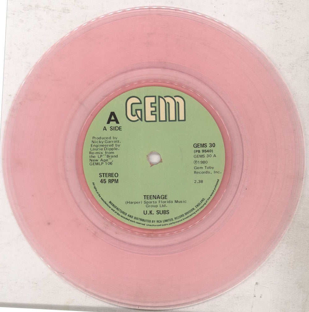 U.K. Subs Teenage - Pink - Solid UK 7" vinyl single (7 inch record / 45) UKS07TE769466