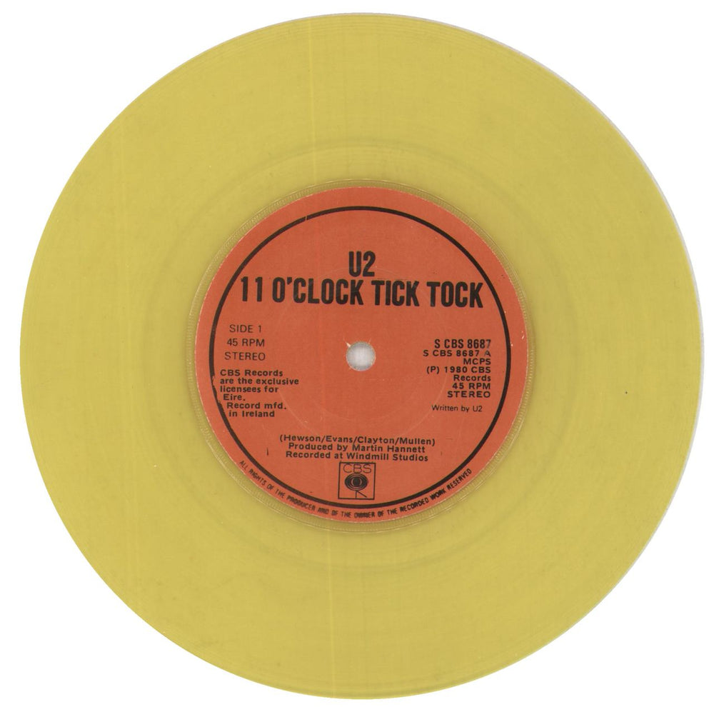 U2 11 O'Clock Tick Tock - yellow vinyl Irish 7" vinyl single (7 inch record / 45) U-207OC261465