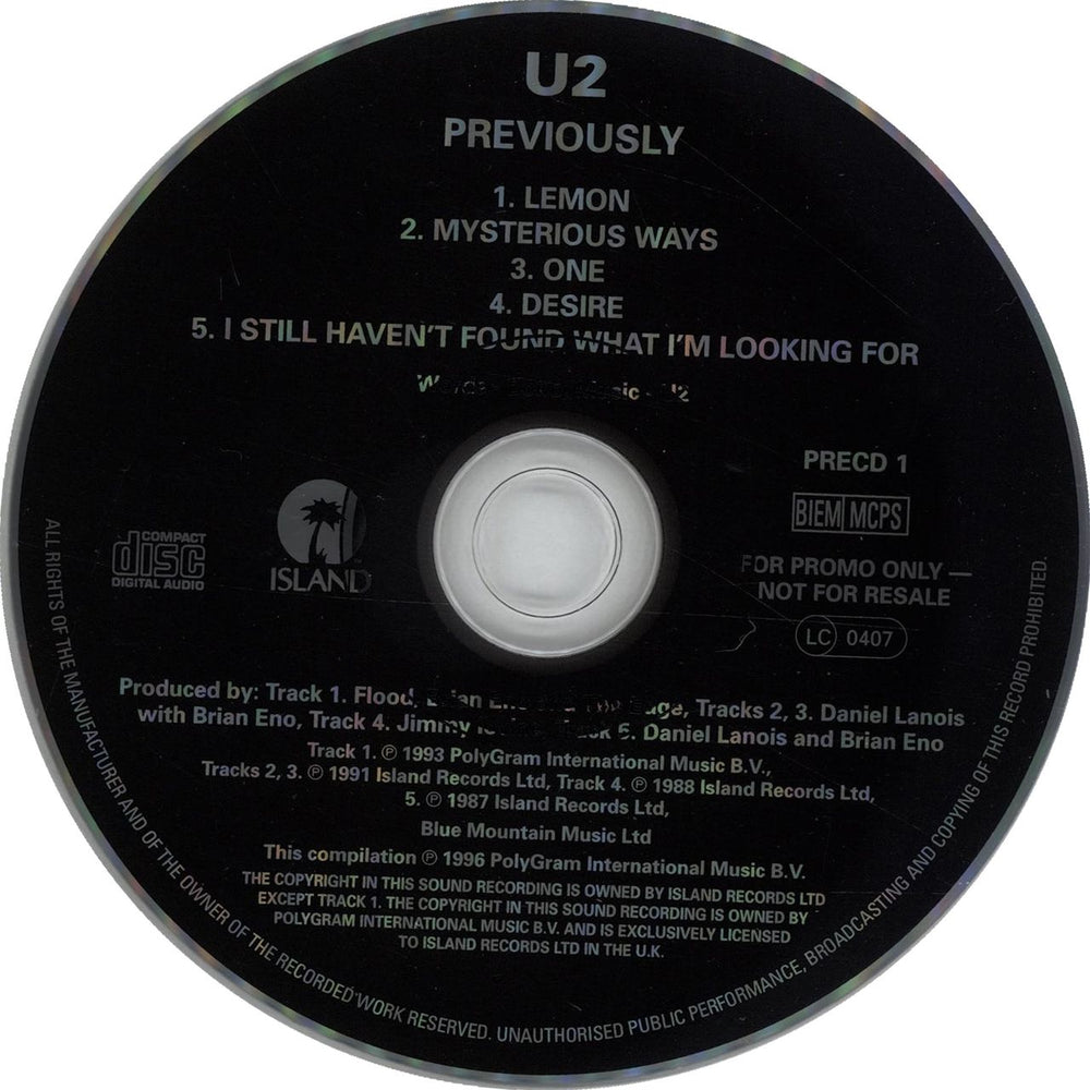 U2 Previously... UK Promo CD album (CDLP) U-2CDPR78341