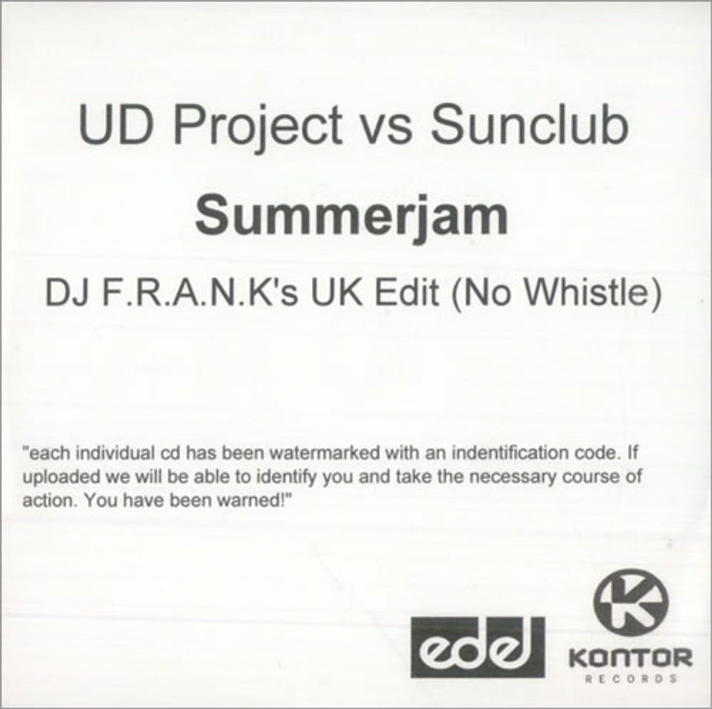 UD Project Summerjam UK Promo CD-R acetate CD-R ACETATE