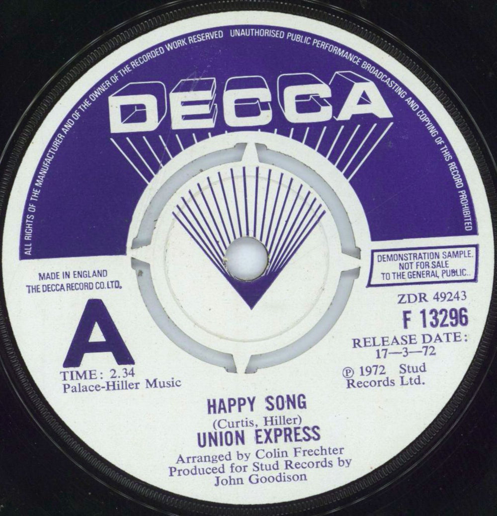 Union Express Happy Song UK Promo 7" vinyl single (7 inch record / 45) F13296