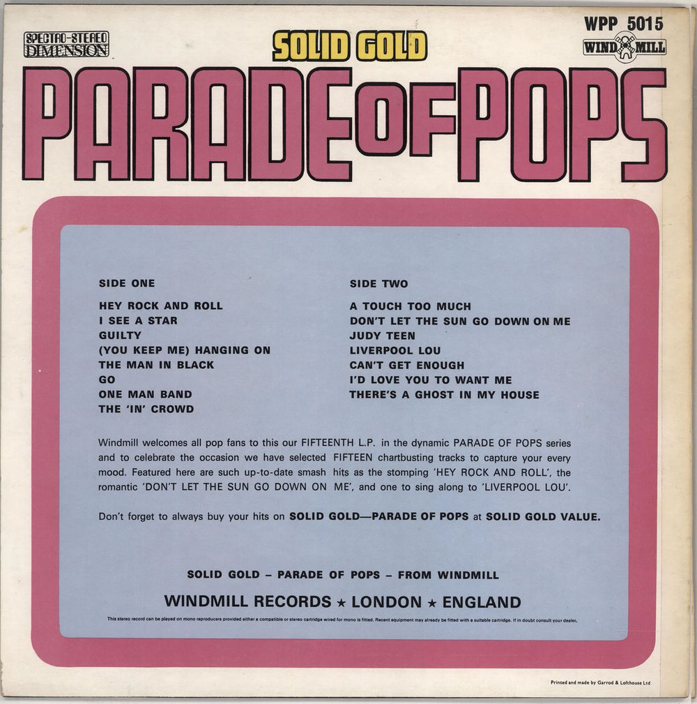 Various-60s & 70s Solid Gold Parade of Pops Volume 15 UK vinyl LP album (LP record)