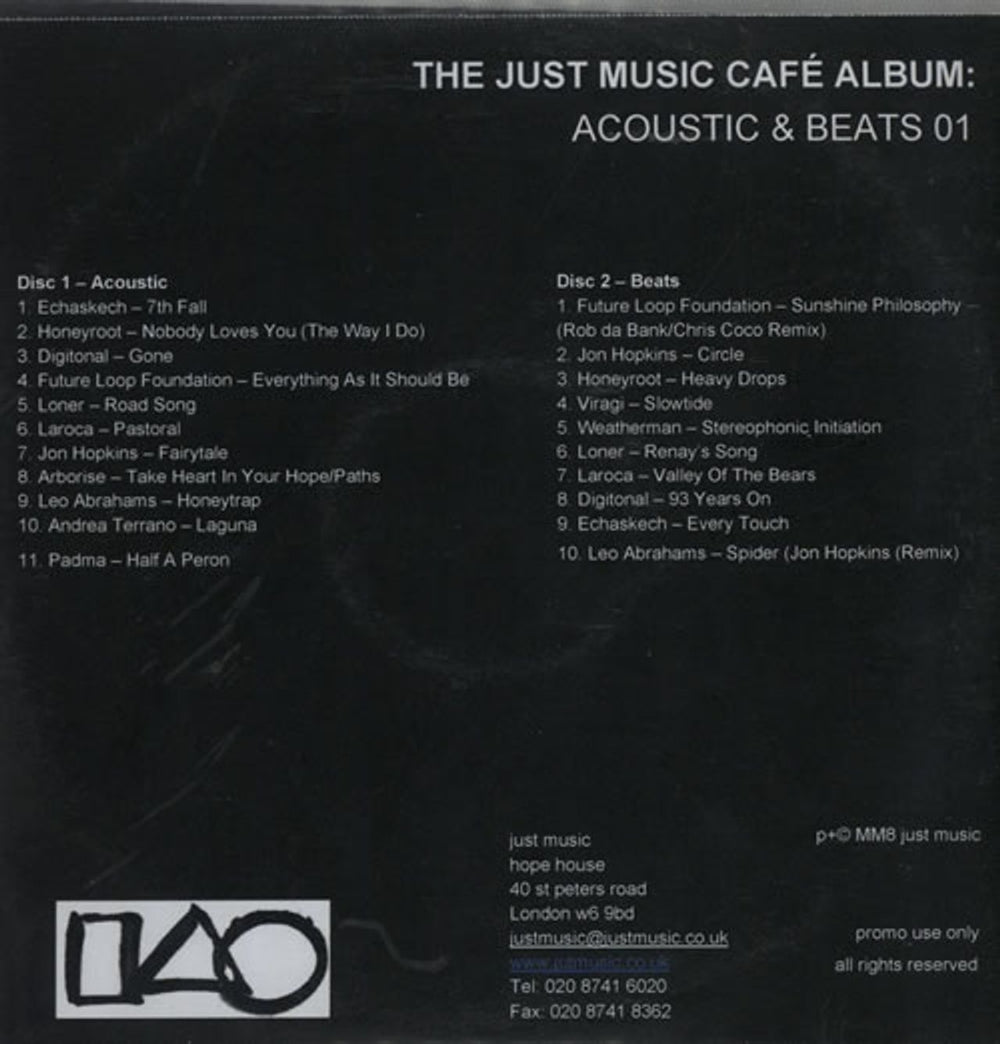 Various-Ambient & Electronica The Just Music Cafe Album: Acoustic & Beats 01 UK Promo 2 CD album set (Double CD) VA72CTH571414