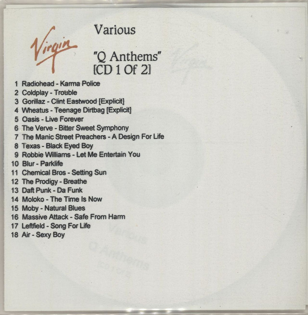 Various Artists Q Anthems UK Promo CD-R acetate CD-R ACETATES