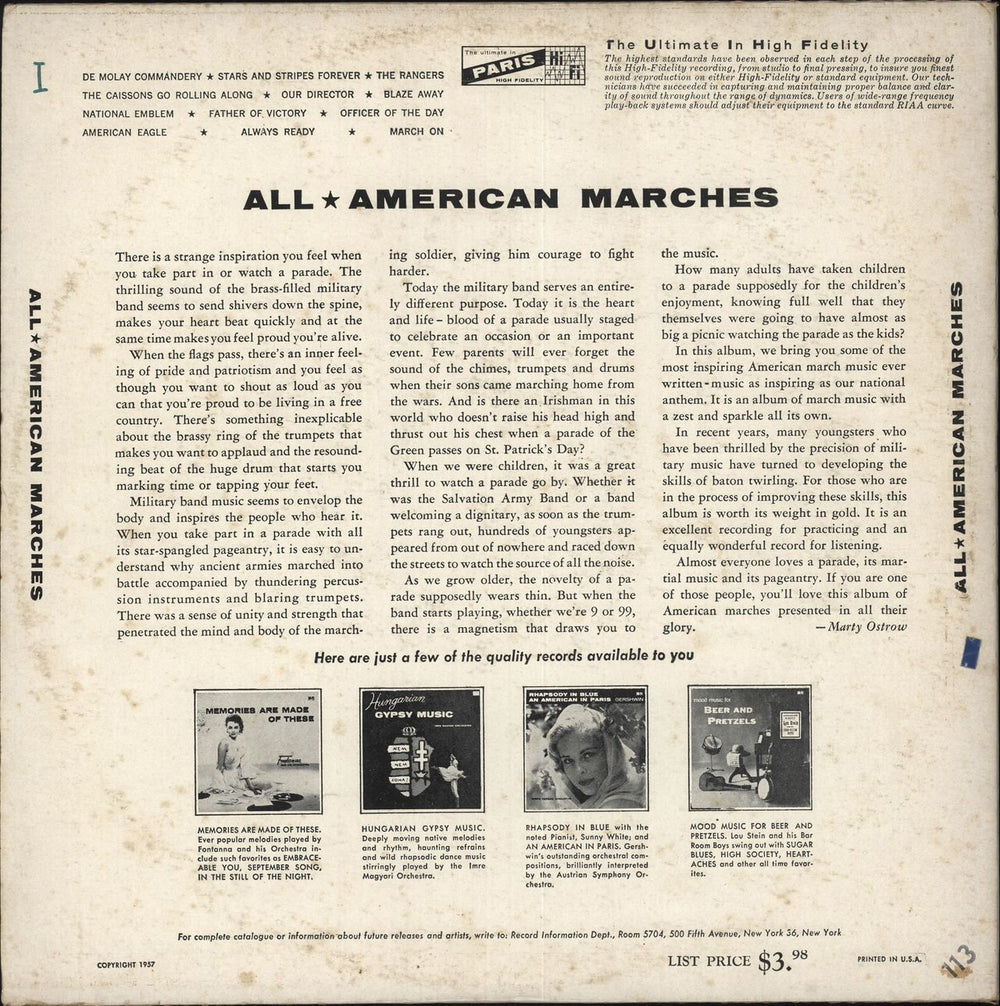 Various-Brass Bands All American Marches US vinyl LP album (LP record)