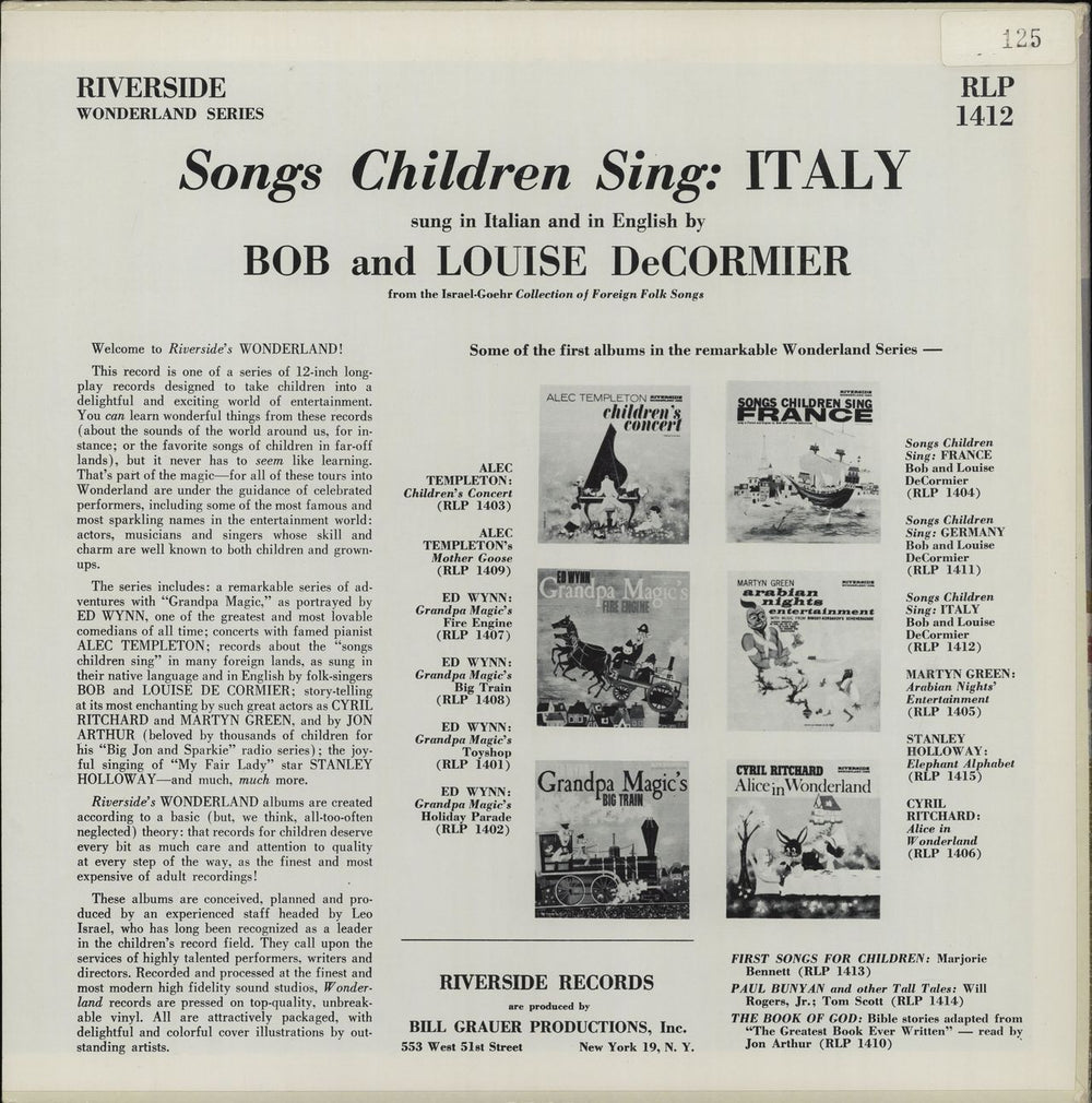 Various-Childrens Songs Children Sing: Italy US vinyl LP album (LP record)