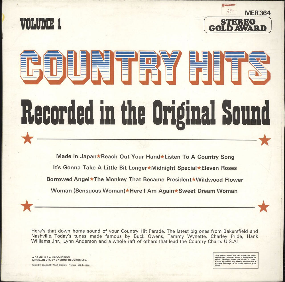 Various-Country Country Hits Volume 1 UK vinyl LP album (LP record)