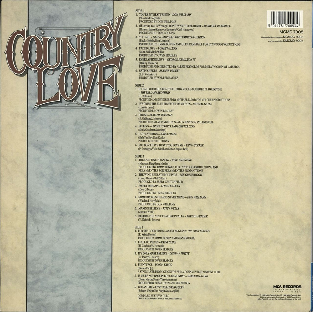 Various-Country Country Love UK 2-LP vinyl record set (Double LP Album) 5011781700534