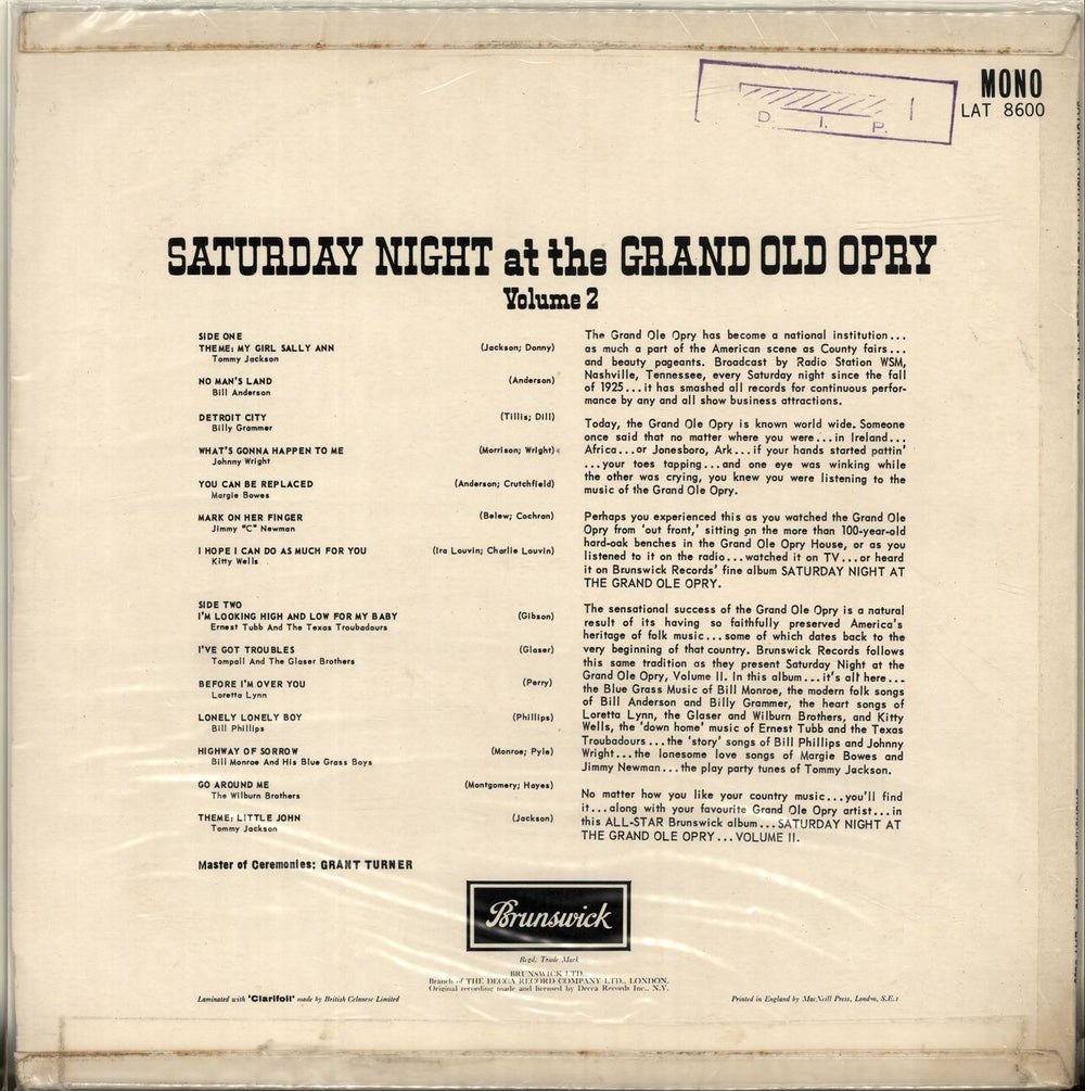 Various-Country Saturday Night At The Grand Ole Opry Vol.2 UK vinyl LP album (LP record)