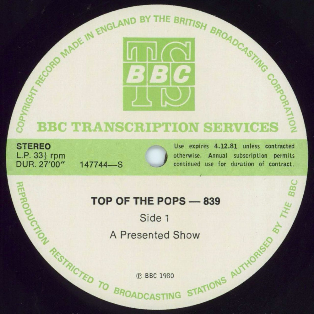 Various-Pop Top Of The Pops 839 UK Promo vinyl LP album (LP record) 147744/45-S