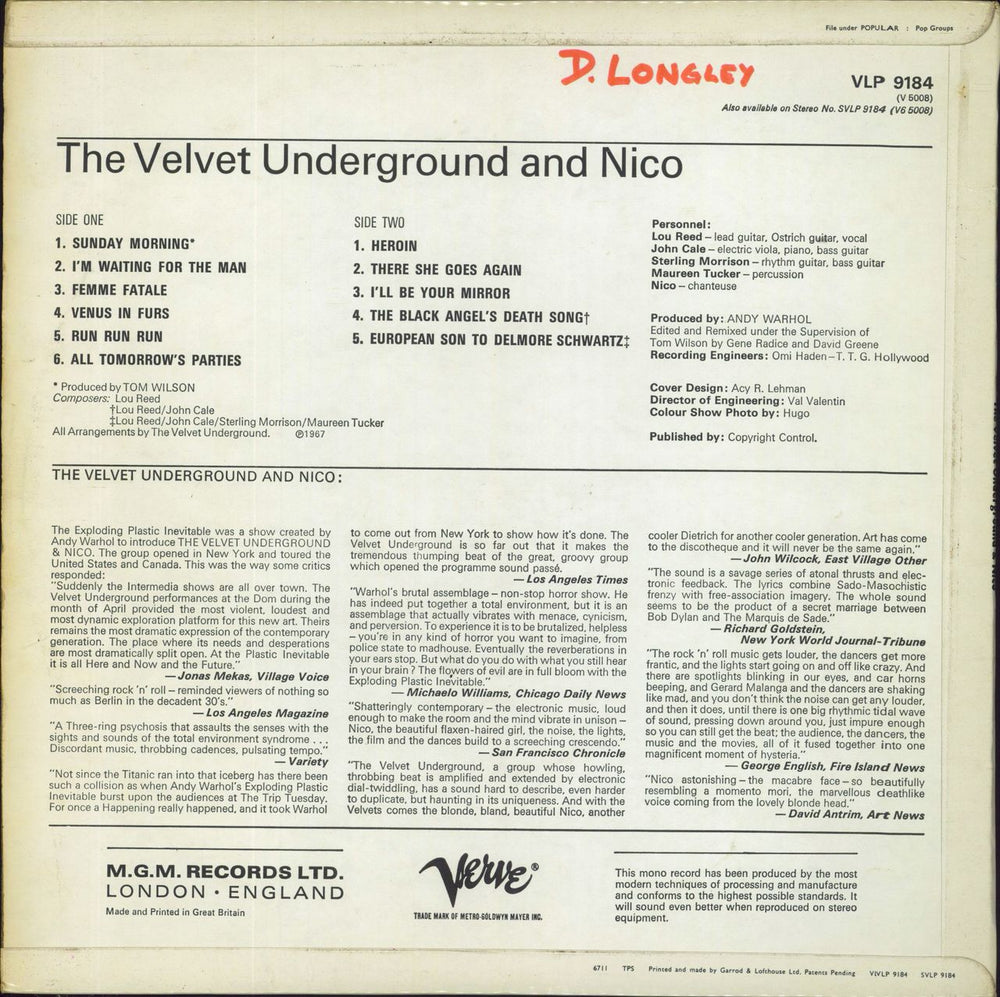 Velvet Underground The Velvet Underground & Nico - UK Mono 1st Issue - wol - EX UK vinyl LP album (LP record)