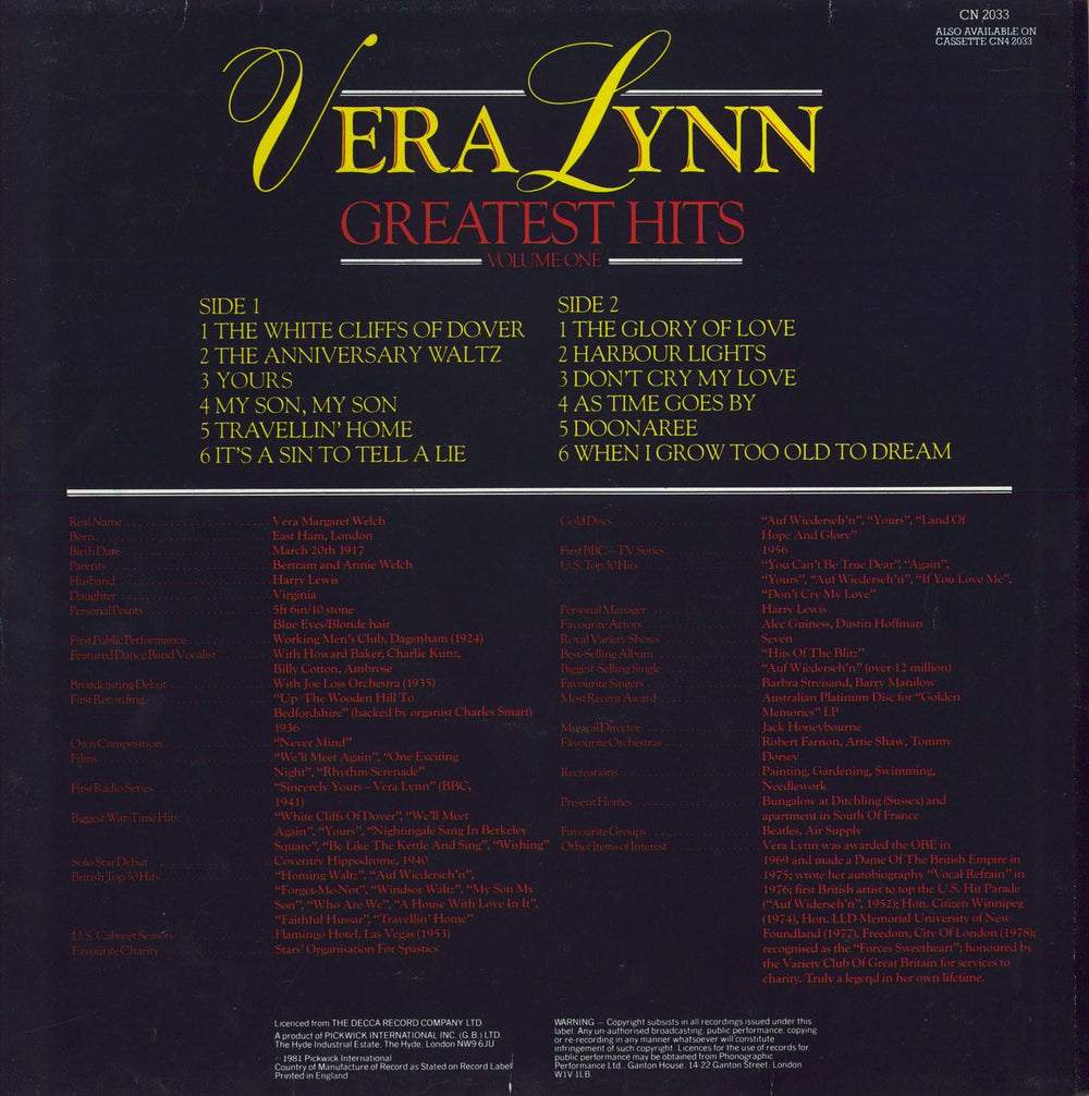 Vera Lynn Greatest Hits Volume One UK vinyl LP album (LP record)