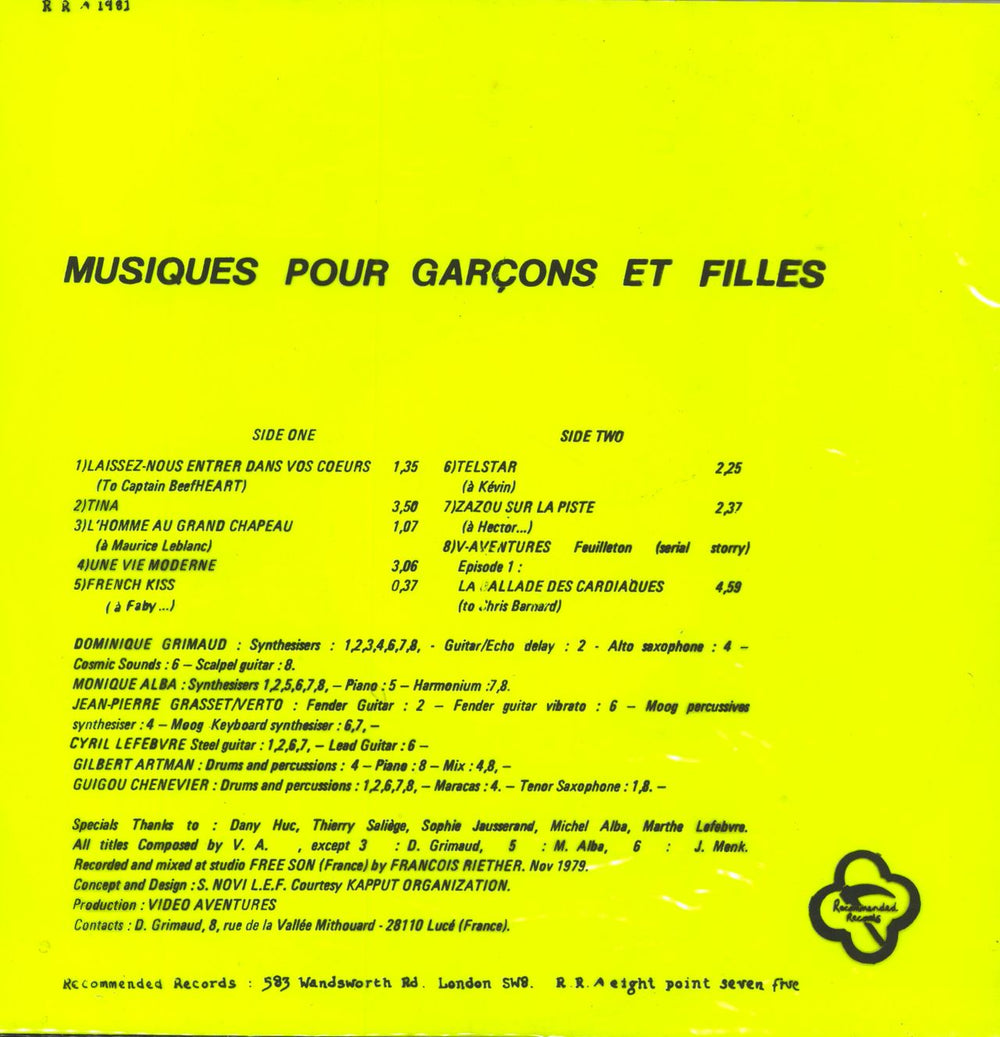 Vidéo-Aventures Musiques Pour Garçons Et Filles French 10" vinyl single (10 inch record)