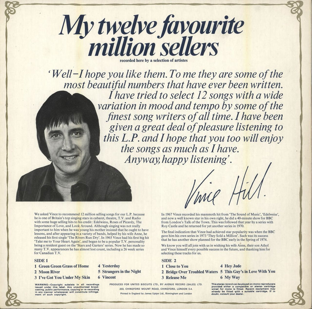 Vince Hill Vince Hill's Favourite Twelve Million Sellers UK vinyl LP album (LP record)