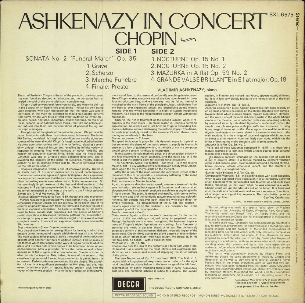 Vladimir Ashkenazy Ashkenazy In Concert UK vinyl LP album (LP record)