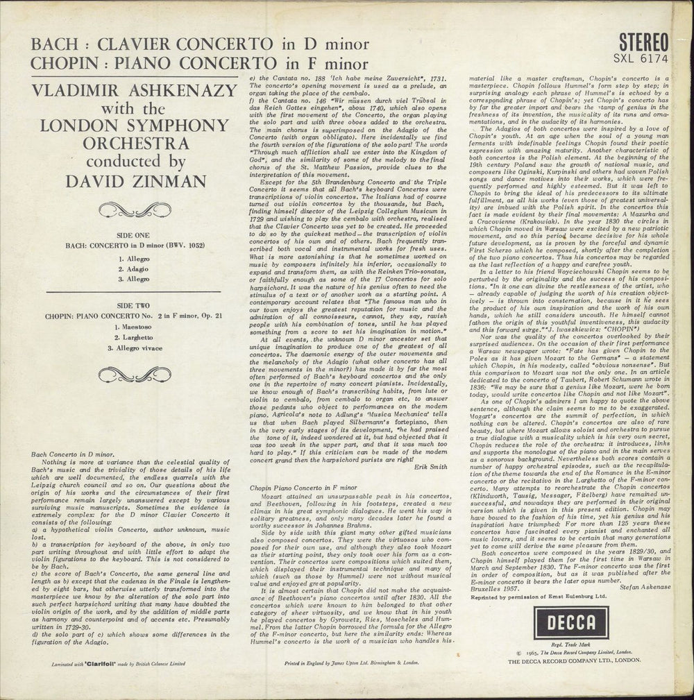 Vladimir Ashkenazy Bach: Concerto in D Minor / Chopin: Piano Concerto No. 2 in F Minor UK vinyl LP album (LP record)