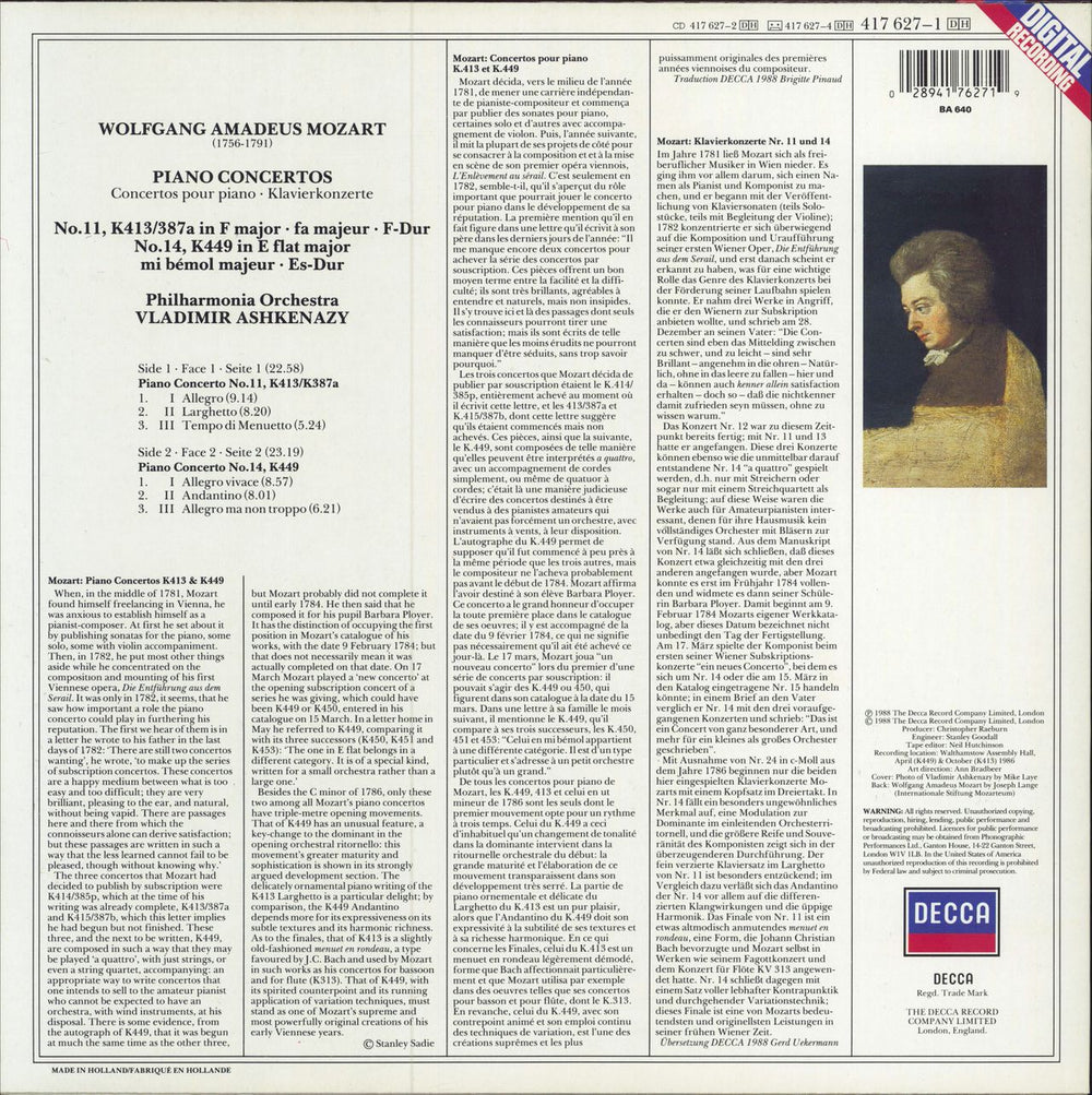 Vladimir Ashkenazy Mozart: Piano Concertos No. 11, K413 & No. 14, K449 Dutch vinyl LP album (LP record) 028941762719