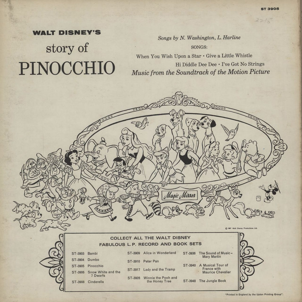 Walt Disney Pinocchio UK vinyl LP album (LP record)