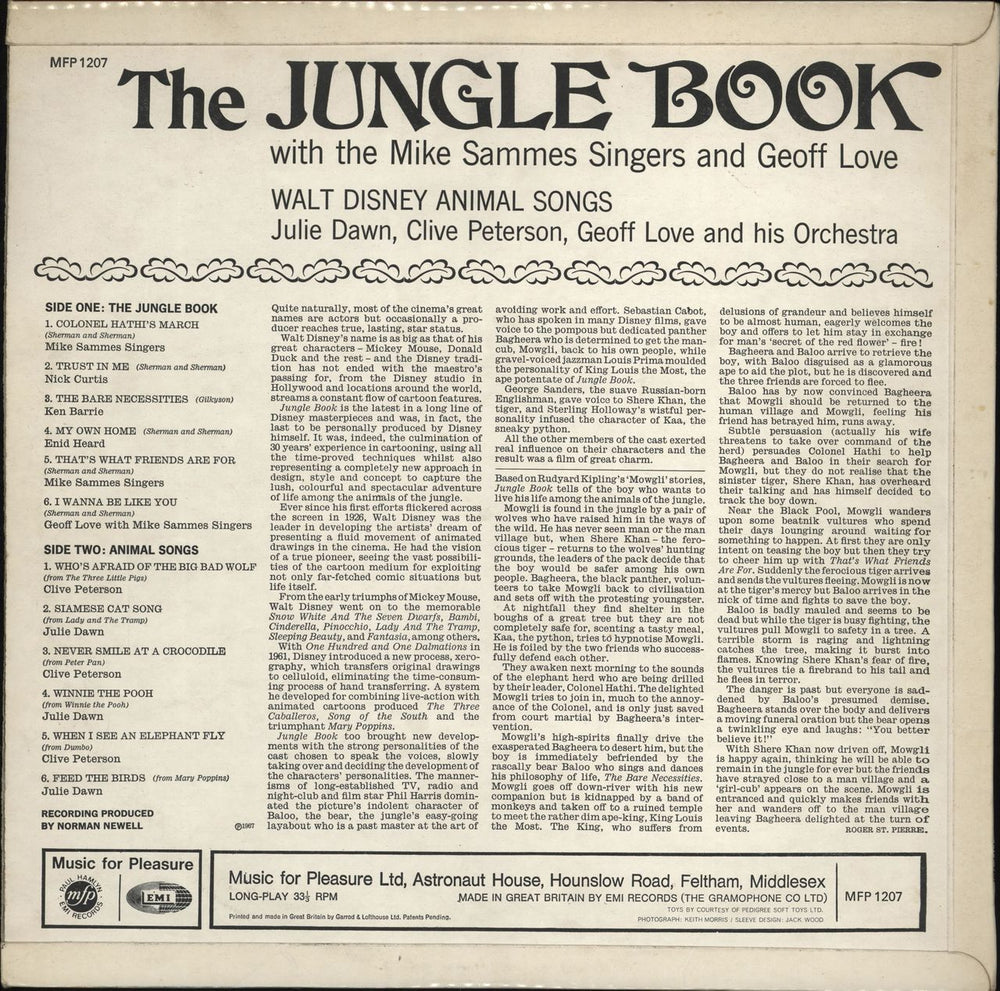 Walt Disney Songs From Walt Disney's The Jungle Book And Other Disney Animal Favourites UK vinyl LP album (LP record)