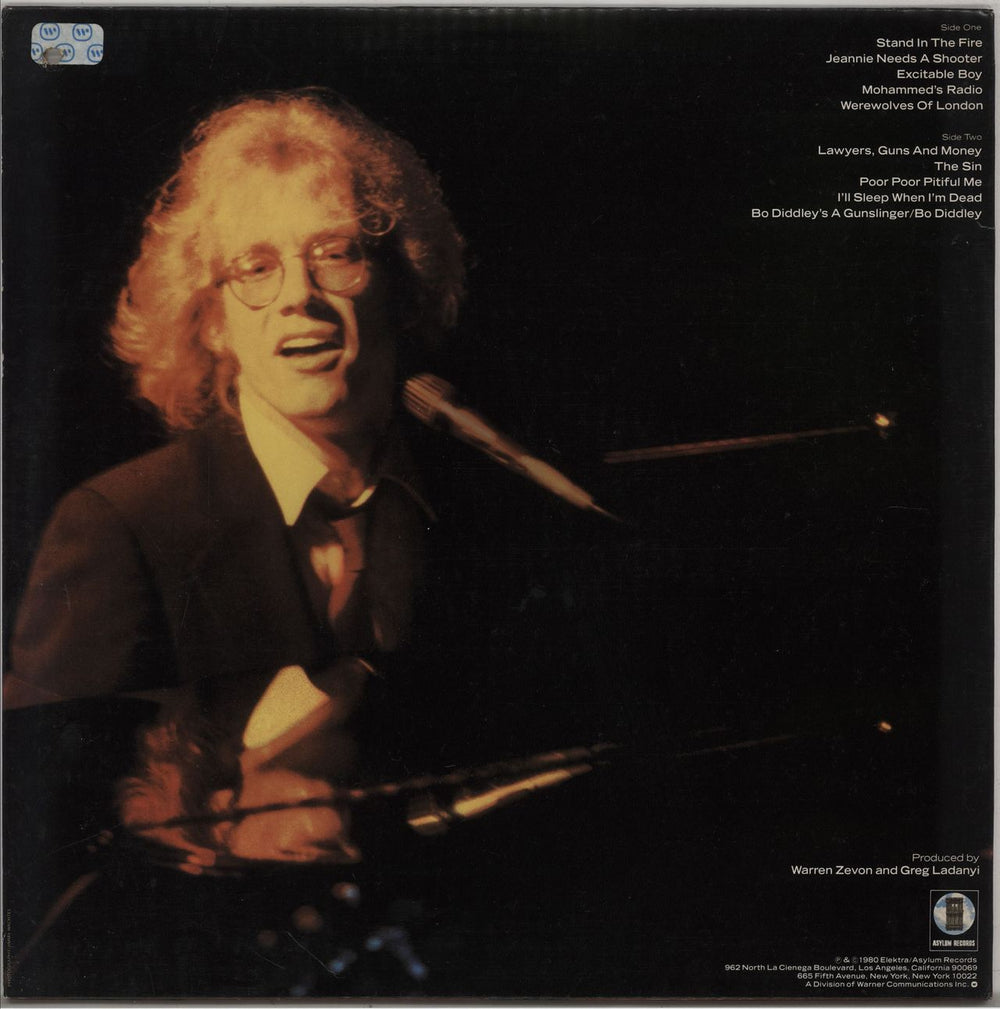 Warren Zevon Stand In The Fire US vinyl LP album (LP record)