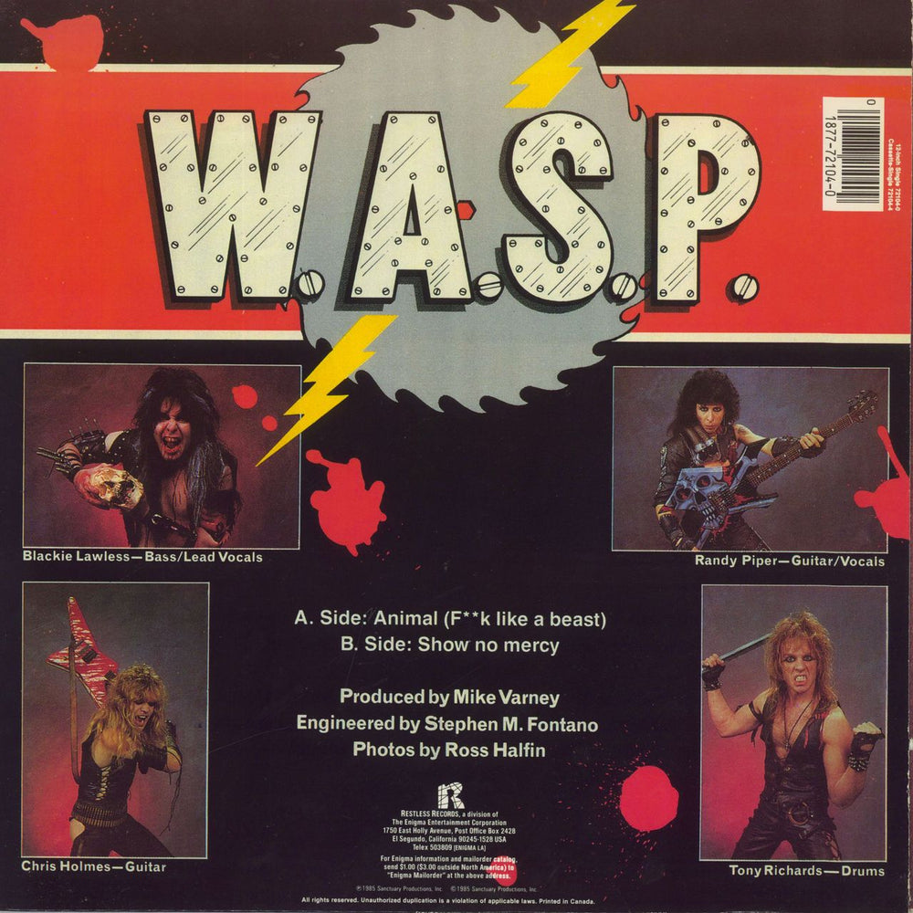 WASP Animal F**k Like A Beast US 12" vinyl single (12 inch record / Maxi-single) 018777210409