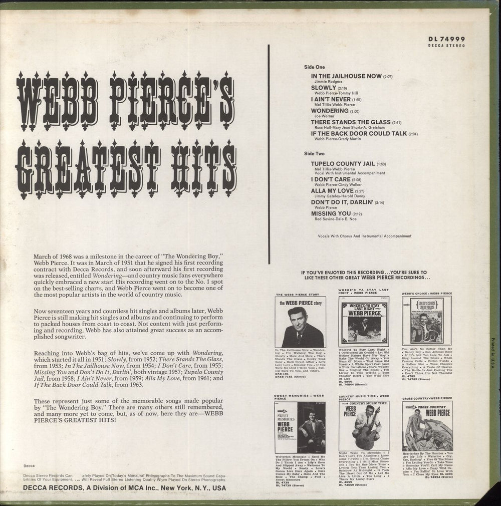 Webb Pierce Webb Pierce's Greatest Hits US vinyl LP album (LP record)