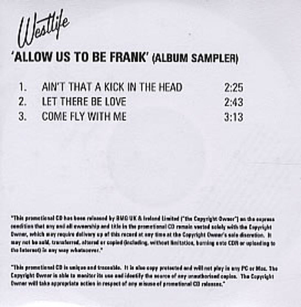 Westlife Allow Us To Be Frank - Album Sampler UK Promo CD-R acetate CD-R ACETATE