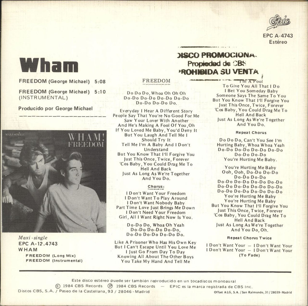 Wham Freedom Spanish 7" vinyl single (7 inch record / 45)