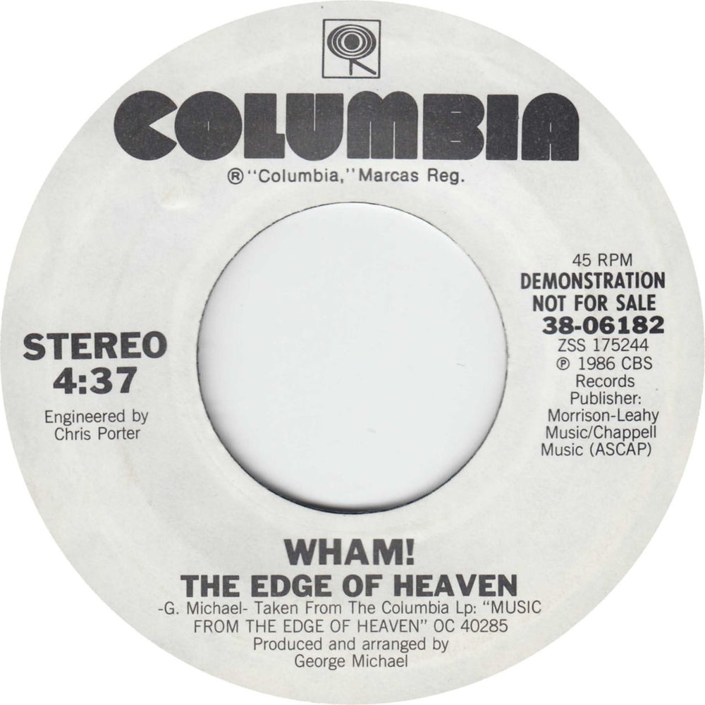 Wham The Edge Of Heaven US Promo 7" vinyl single (7 inch record / 45)