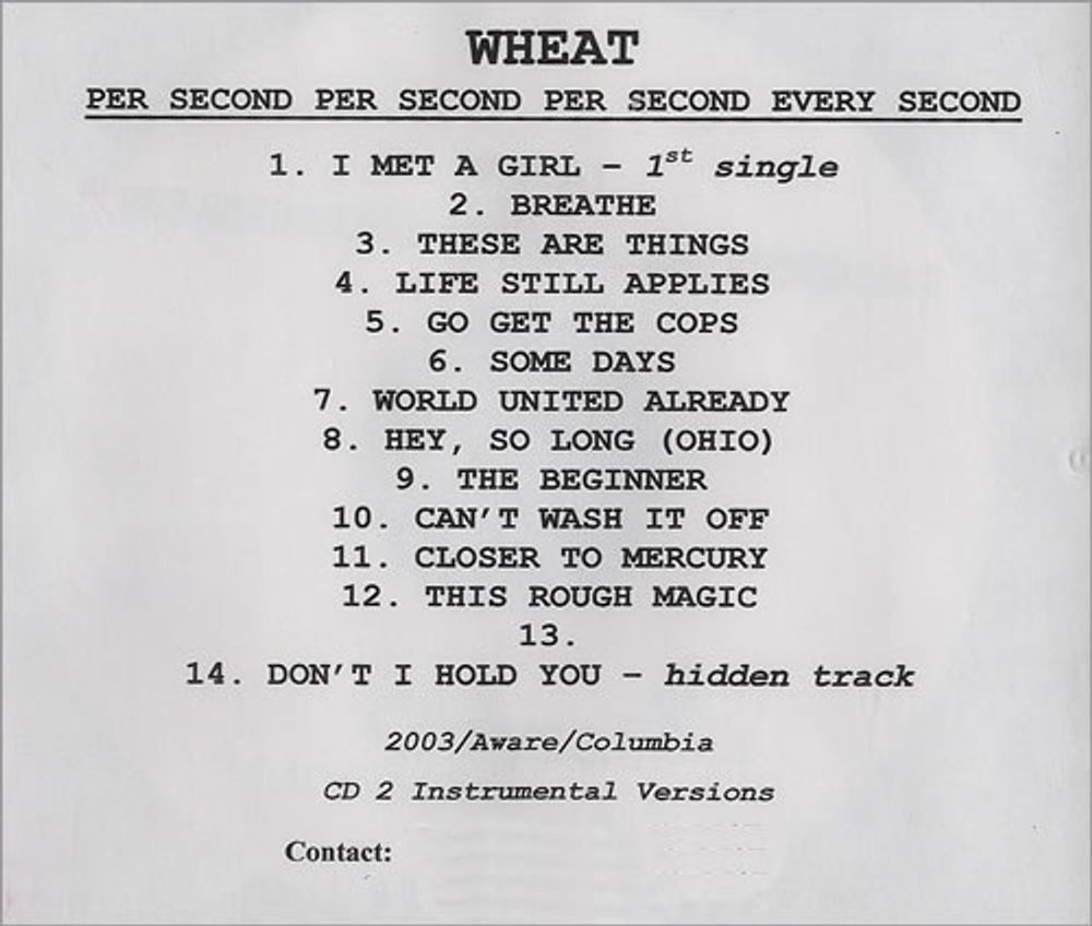 Wheat Per Second, Per Second, Per Second...Every Second US Promo CD-R acetate 2 X CD-R ACETATE