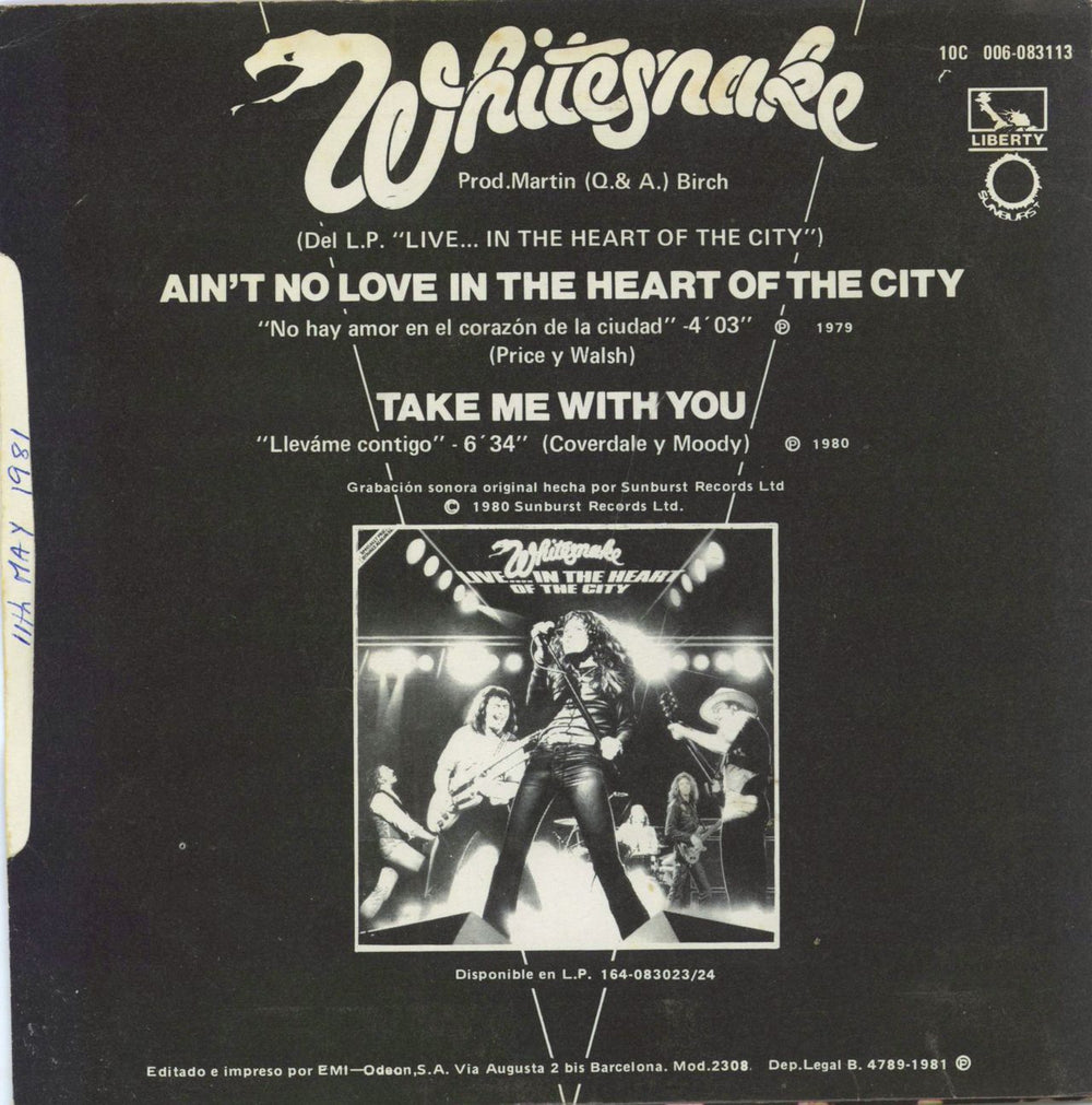 Whitesnake Ain't No Love In The Heart Of The City + Sleeve Spanish 7" vinyl single (7 inch record / 45)