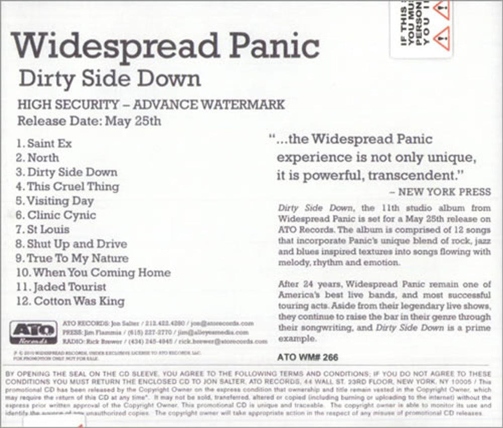 Widespread Panic Dirty Side Down US Promo CD-R acetate CD-R ACETATE