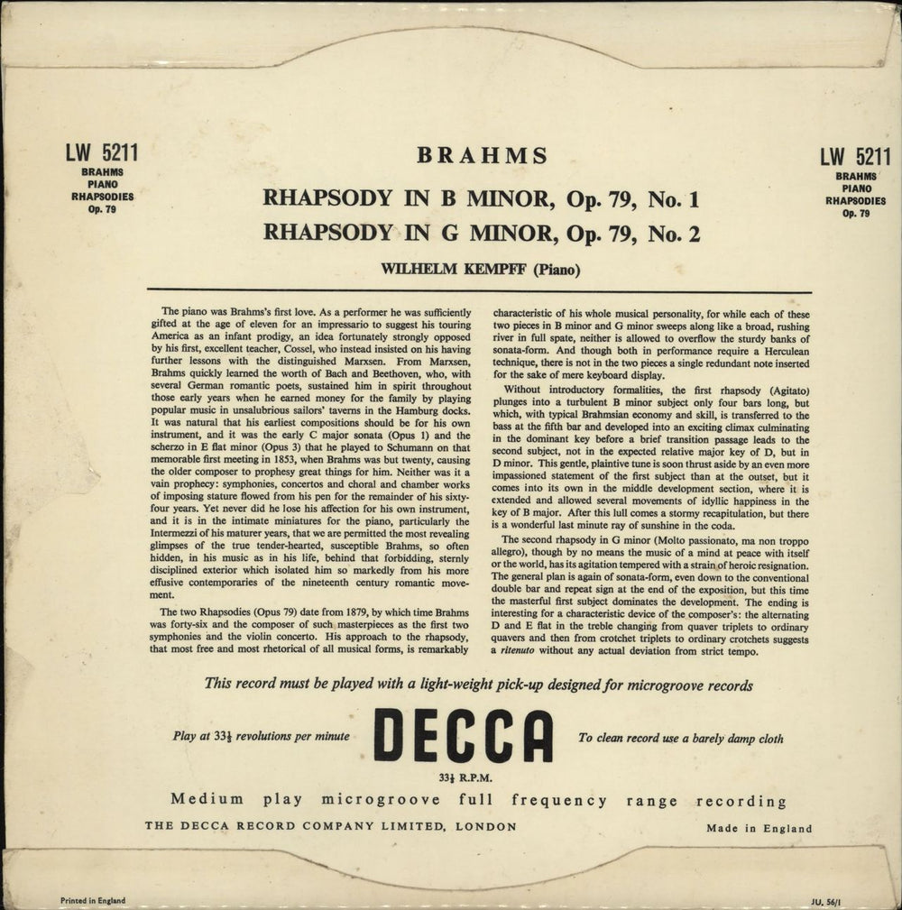 Wilhelm Kempff Brahms: Rhapsody In B Minor, Op. 79, No. 1 / Rhapsody In G Minor, Op. 79, No. 2 UK 10" vinyl single (10 inch record)