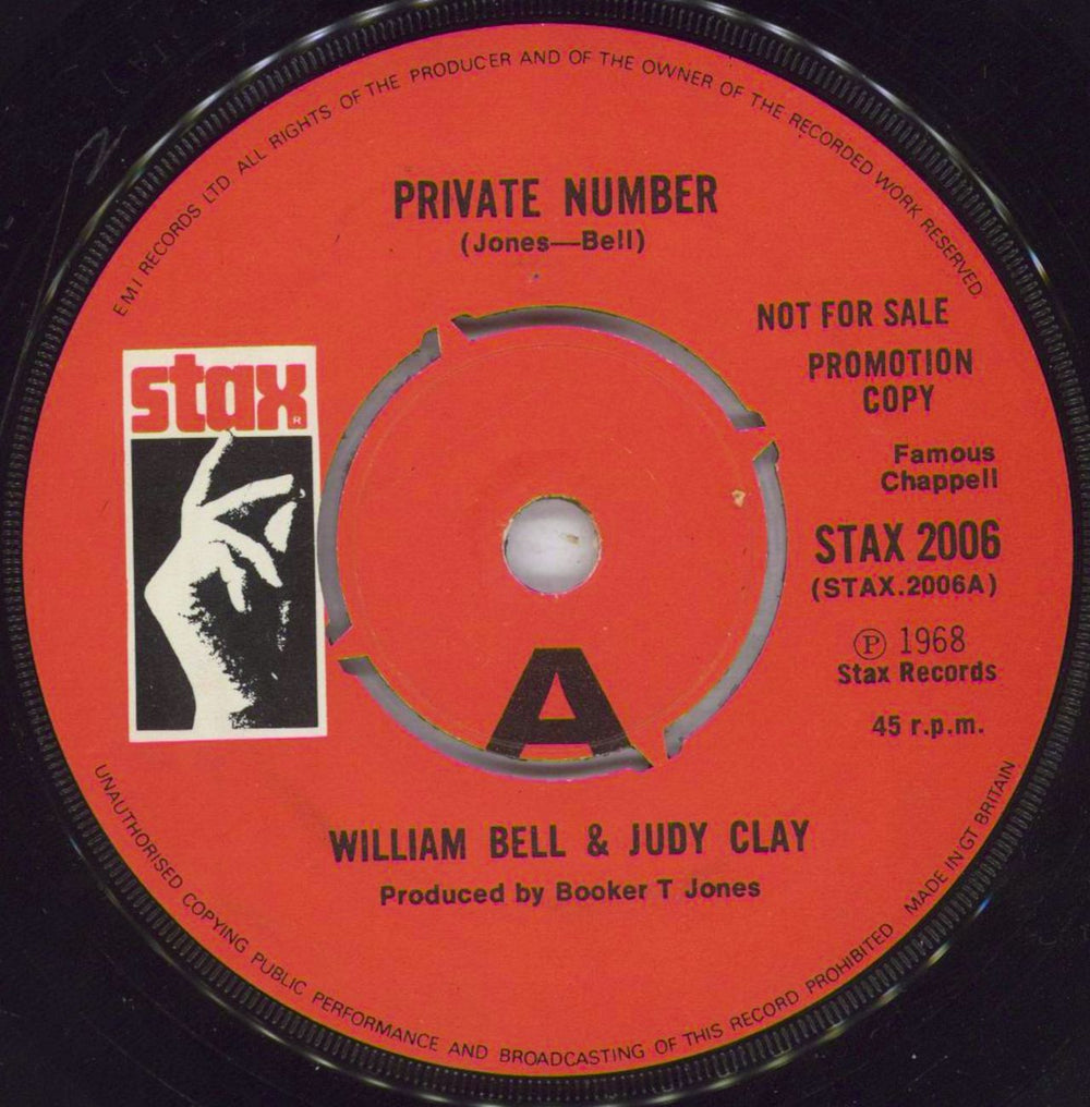 William Bell & Judy Clay Private Number - A Label Promo UK 7" vinyl single (7 inch record / 45) STAX2006