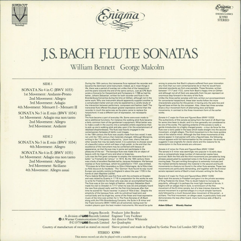 William Bennett J.S. Bach Flute Sonatas UK vinyl LP album (LP record)