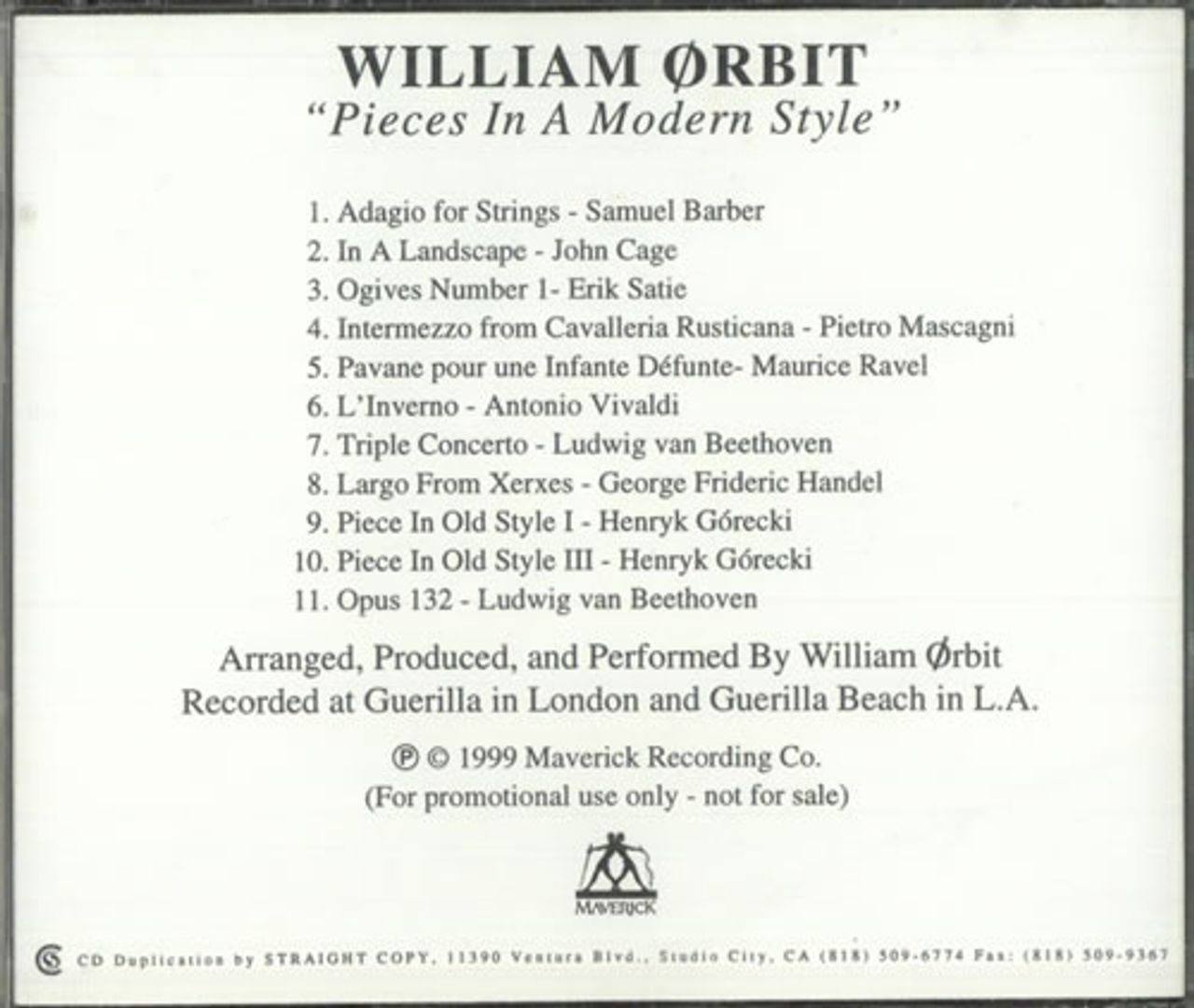 William Orbit Pieces In A Modern Style Us Promo 2 Cd Album Set