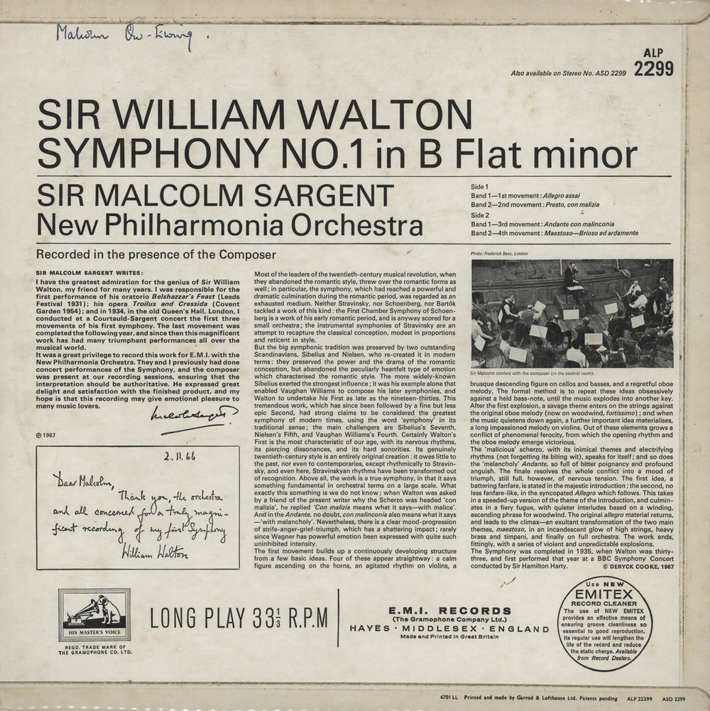 William Walton Symphony No. 1 in B Flat Minor UK vinyl LP album (LP record)