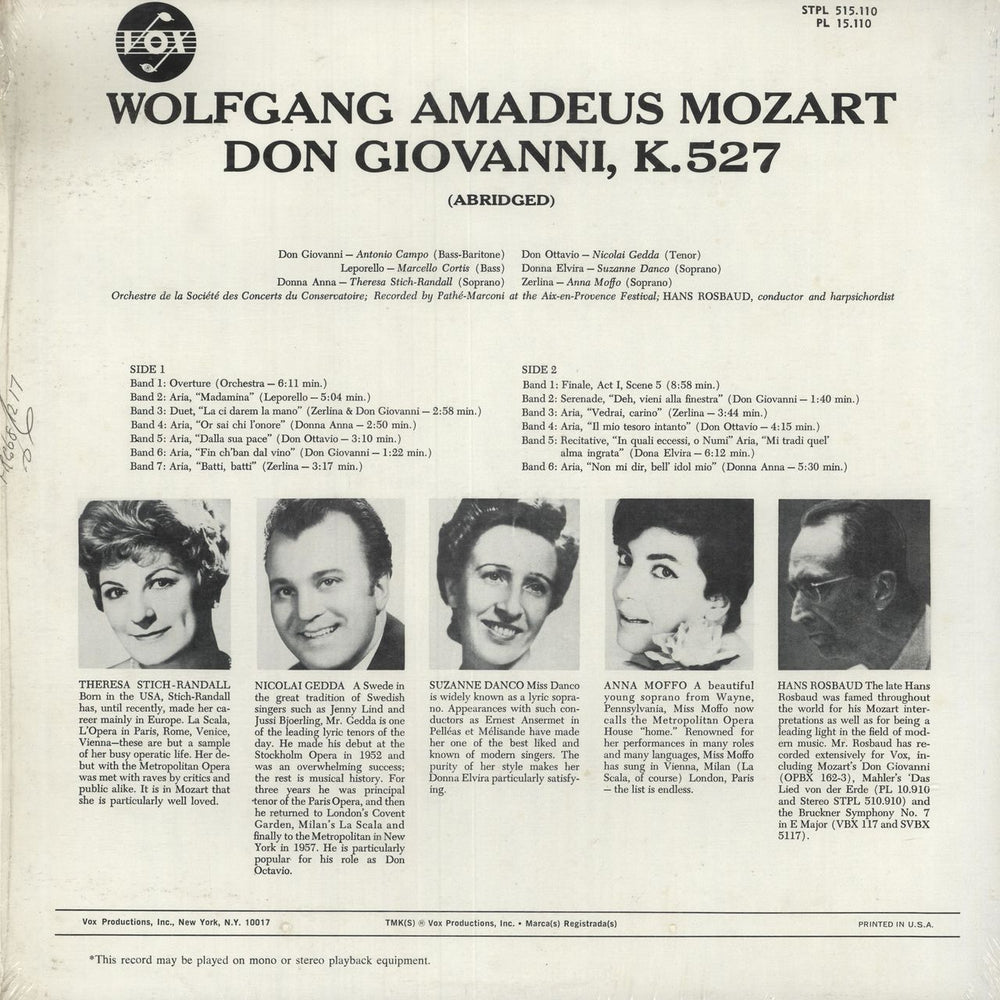 Wolfgang Amadeus Mozart Don Giovanni (Abridged) US vinyl LP album (LP record)