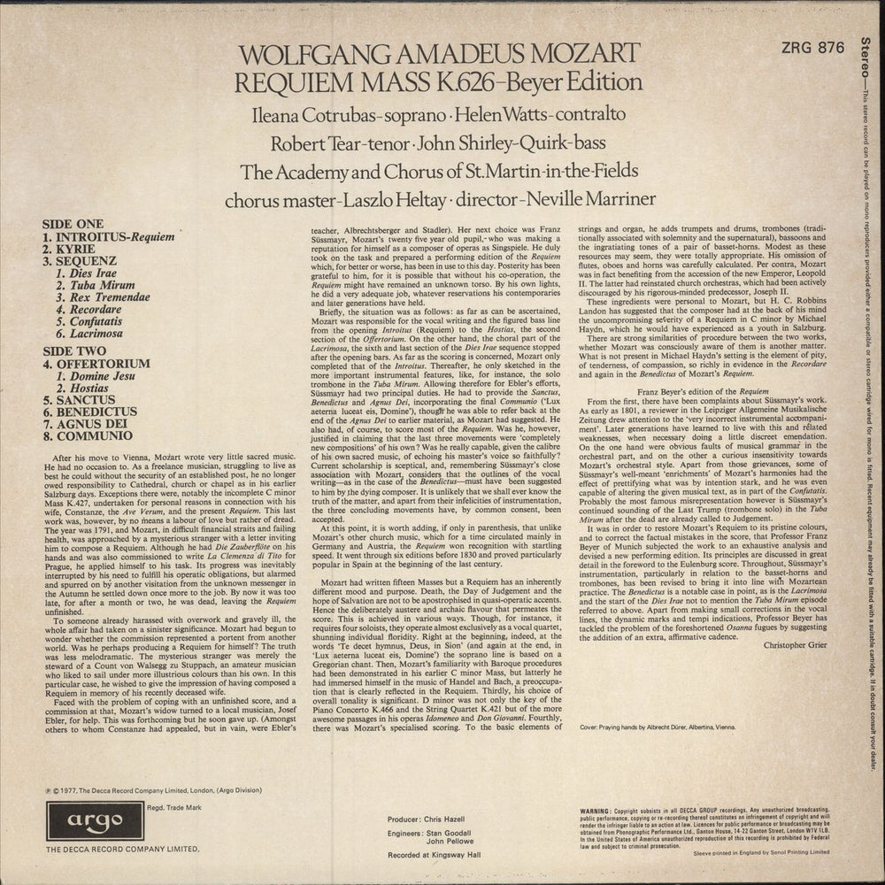 Wolfgang Amadeus Mozart Mozart: Requiem UK vinyl LP album (LP record)