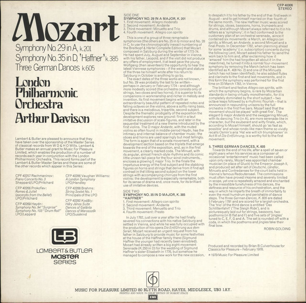 Wolfgang Amadeus Mozart Symphony No.29 / Symphony No. 35 'Haffner' / Three German Dances UK vinyl LP album (LP record)