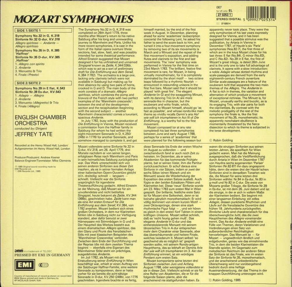 Wolfgang Amadeus Mozart Symphony No. 32 in G, No. 35 in D "Haffner" & No. 39 in E Flat German vinyl LP album (LP record) 5099927025314