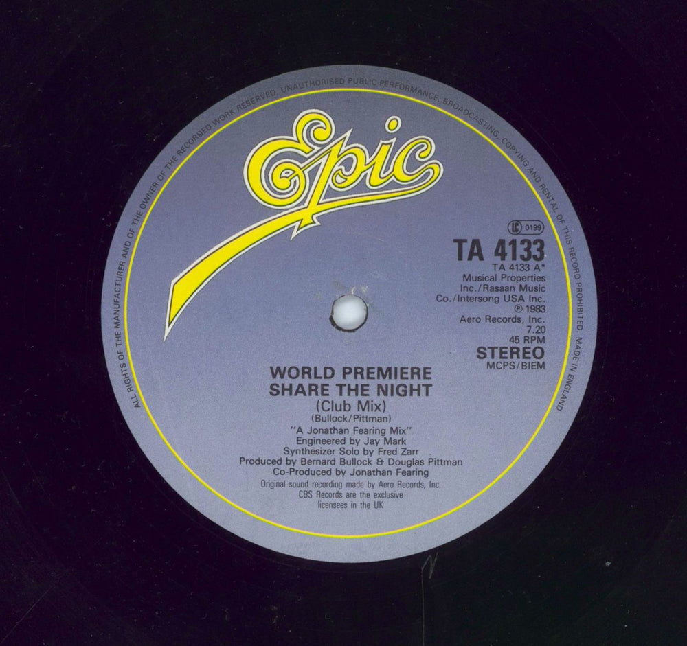 World Premiere Share The Night UK 12" vinyl single (12 inch record / Maxi-single) TA4133