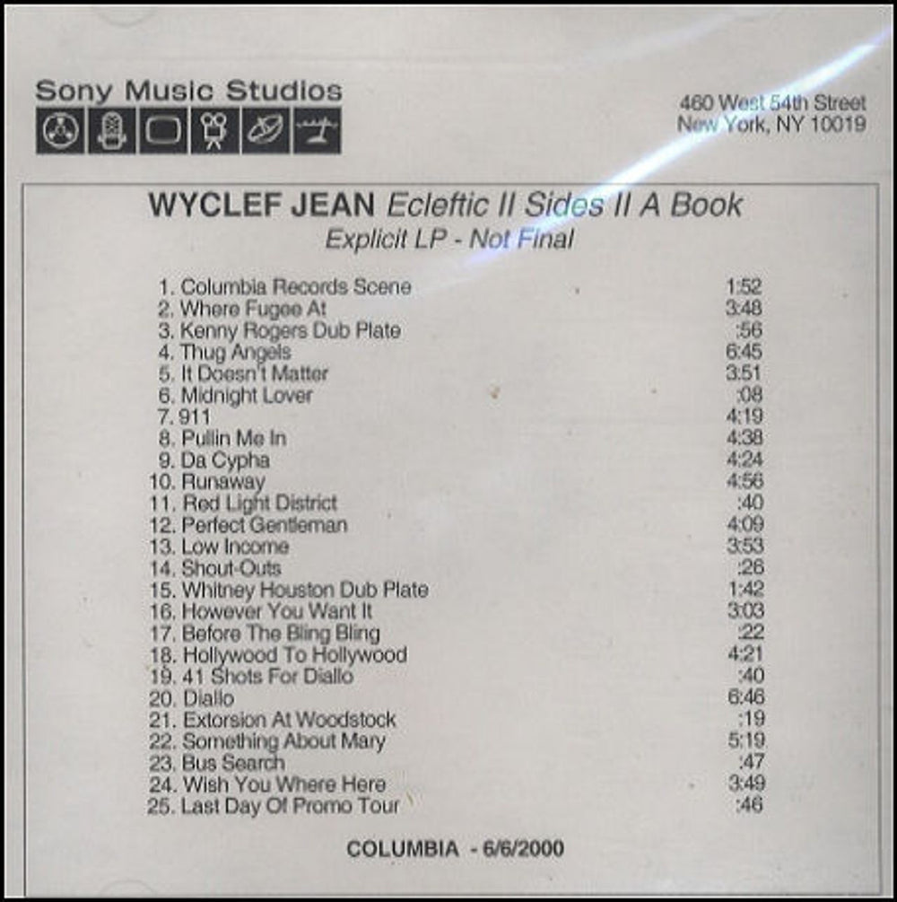 Wyclef Jean Ecleftic II Sides II A Book US Promo CD-R acetate CDR ACETATE